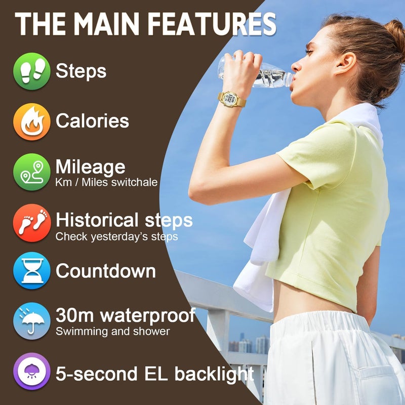 TIMEURE Women's Step Counter Pedometer Watch with Stainless Steel Bracelet, Stylish Design, No App, No Charging Needed for Step, Calorie, Distance, Alarm, Countdown Timer，TU-2401 - Image 1